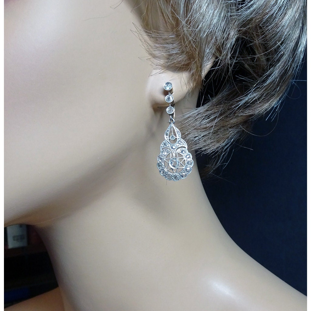Antique Earrings Belle Epoque Diamonds Gold Platinum Dangle Ear Pendants (7164)