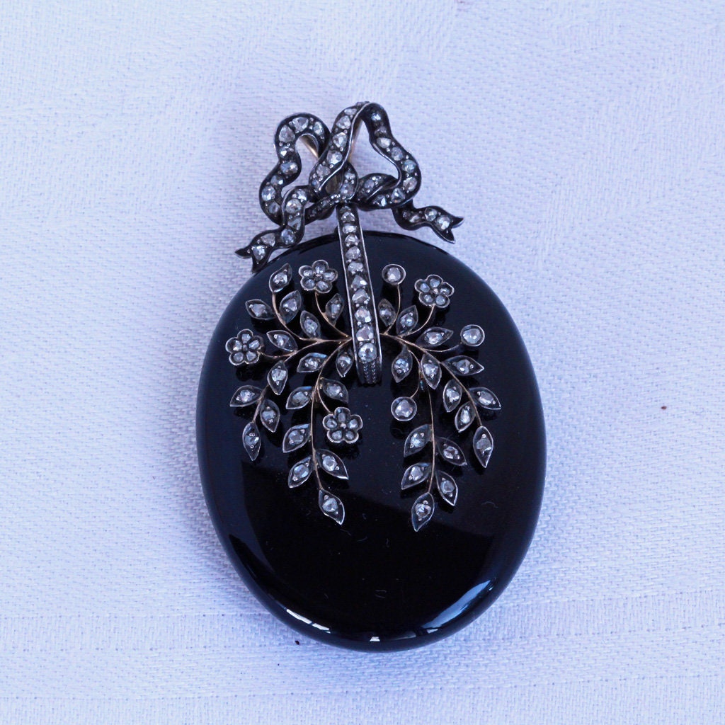 Antique Victorian Pendant Locket 18k Gold Diamonds Onyx Silver (7175)