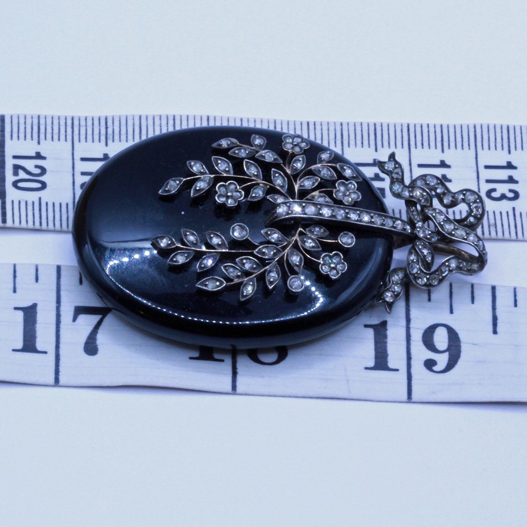 Antique Victorian Pendant Locket 18k Gold Diamonds Onyx Silver (7175)