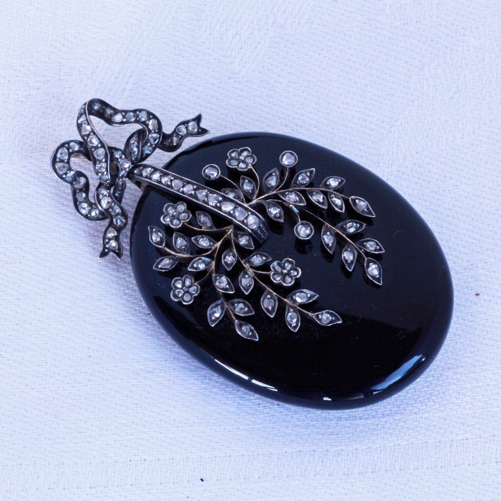 Antique Victorian Pendant Locket 18k Gold Diamonds Onyx Silver (7175)