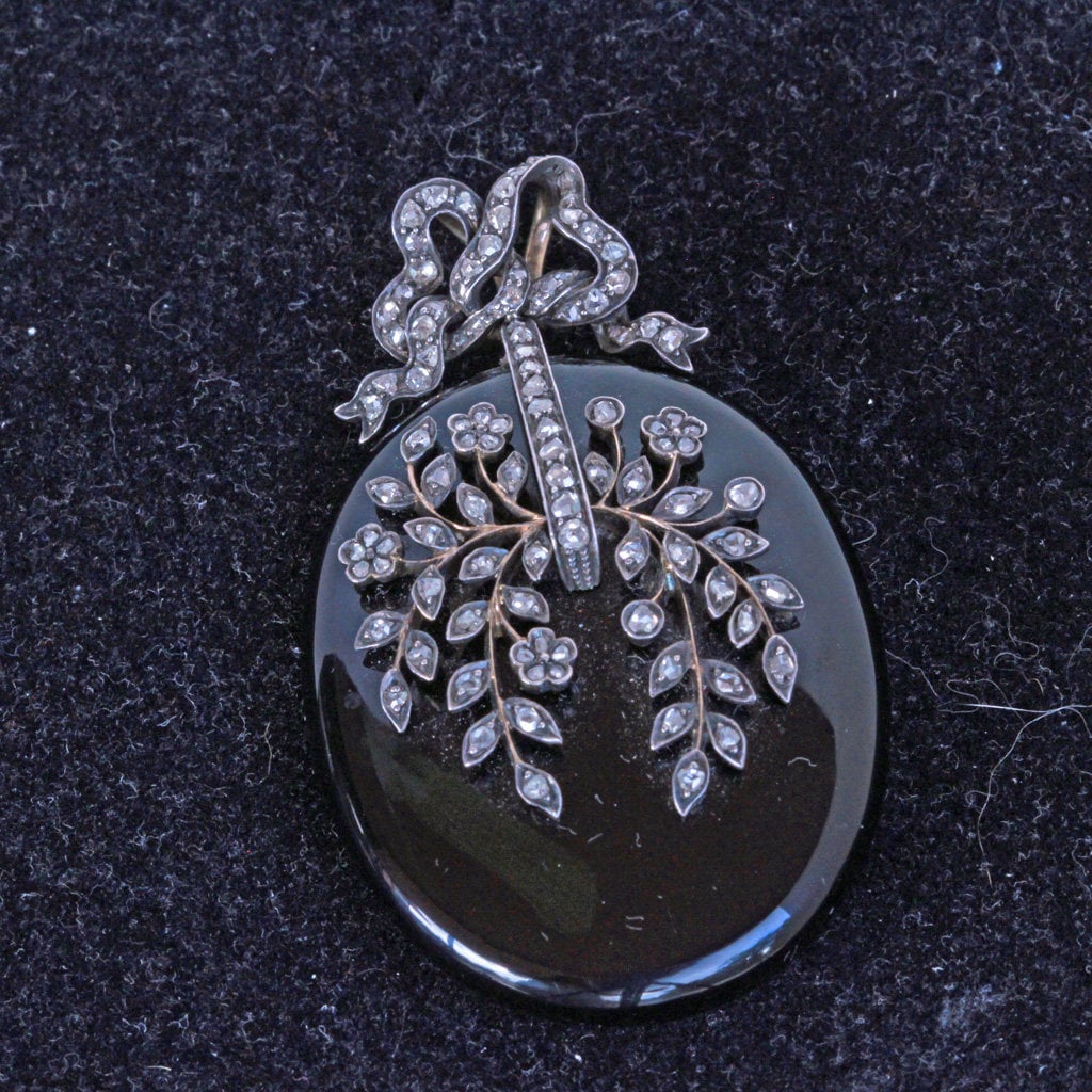 Antique Victorian Pendant Locket 18k Gold Diamonds Onyx Silver (7175)