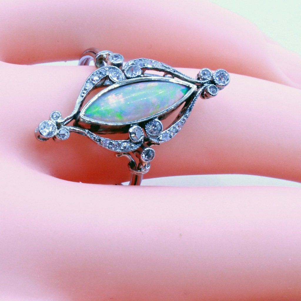Antique Art Nouveau Ring Platinum Diamonds Opal French Fab opal colors (7181)