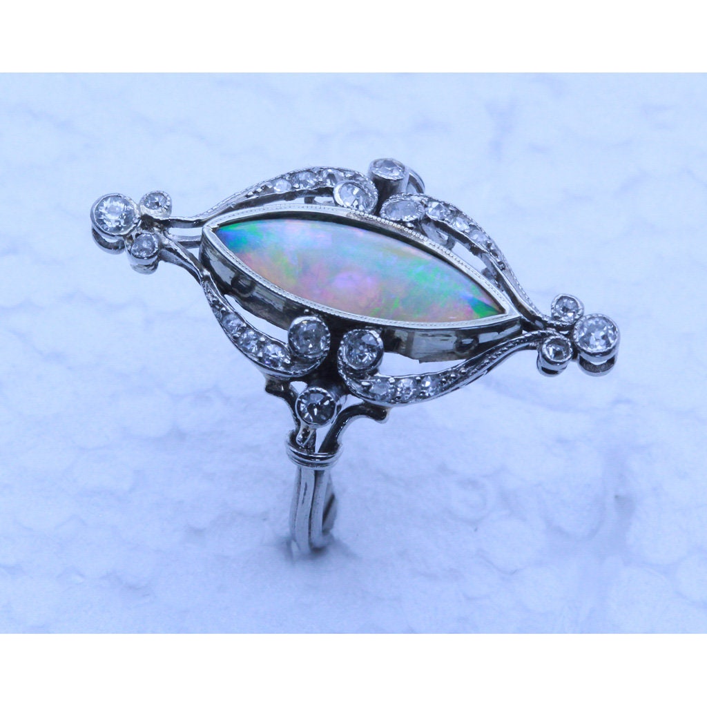 Antique Art Nouveau Ring Platinum Diamonds Opal French Fab opal colors (7181)