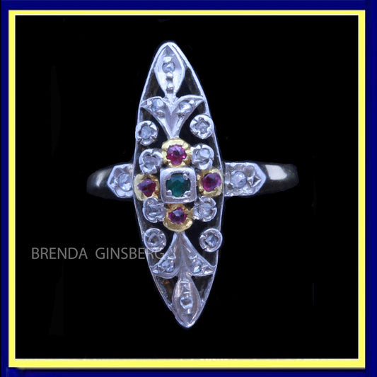Antique Victorian Art Nouveau French Ring 18k Gold Rubies Emeralds Diamond (7188)