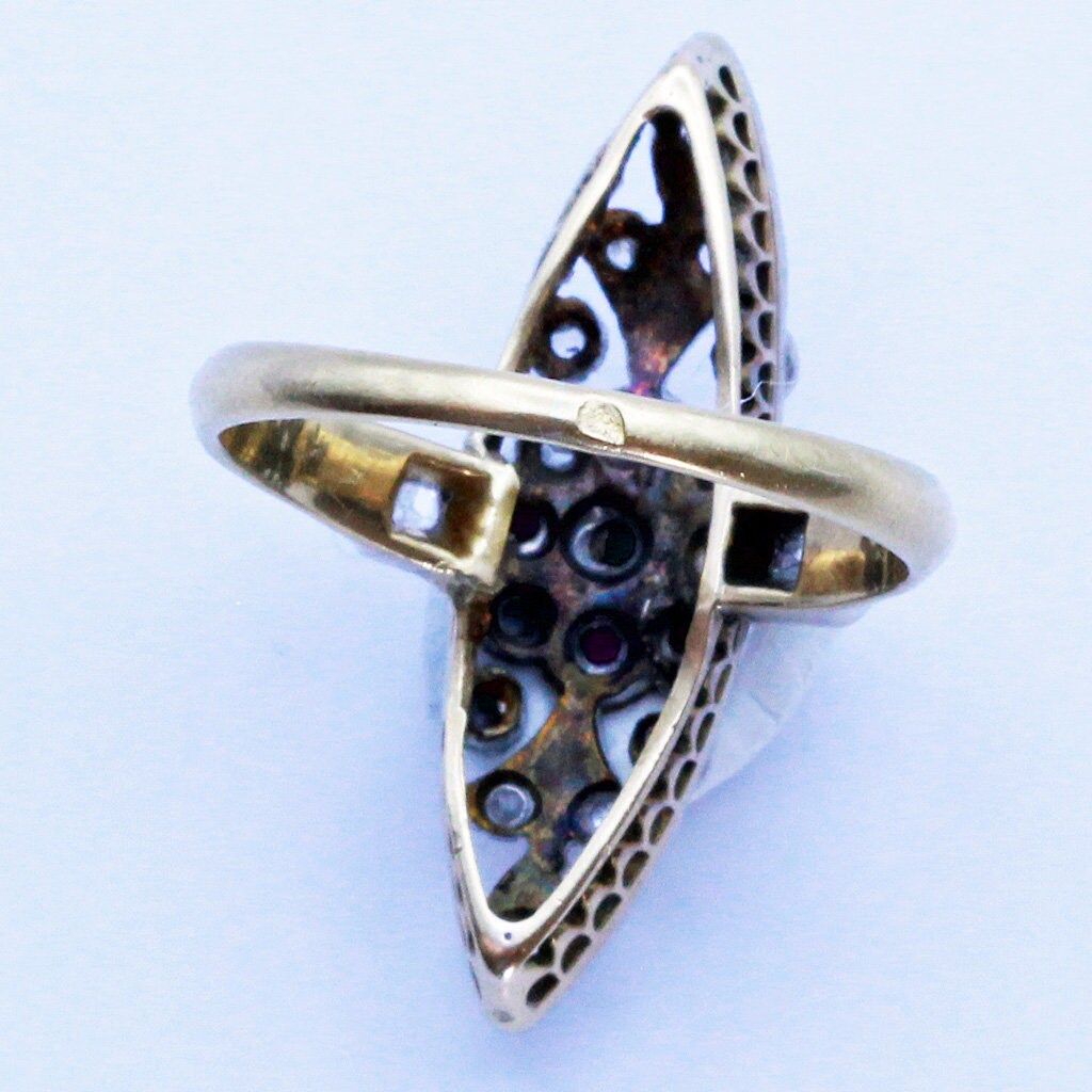 Antique Victorian Art Nouveau French Ring 18k Gold Rubies Emeralds Diamond (7188)