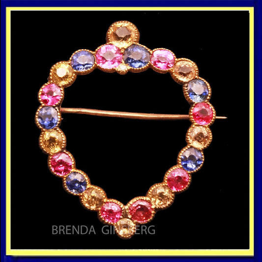 Antique Victorian Brooch Gold Blue Pink Yellow Sapphires Heart w Appraisal (6204