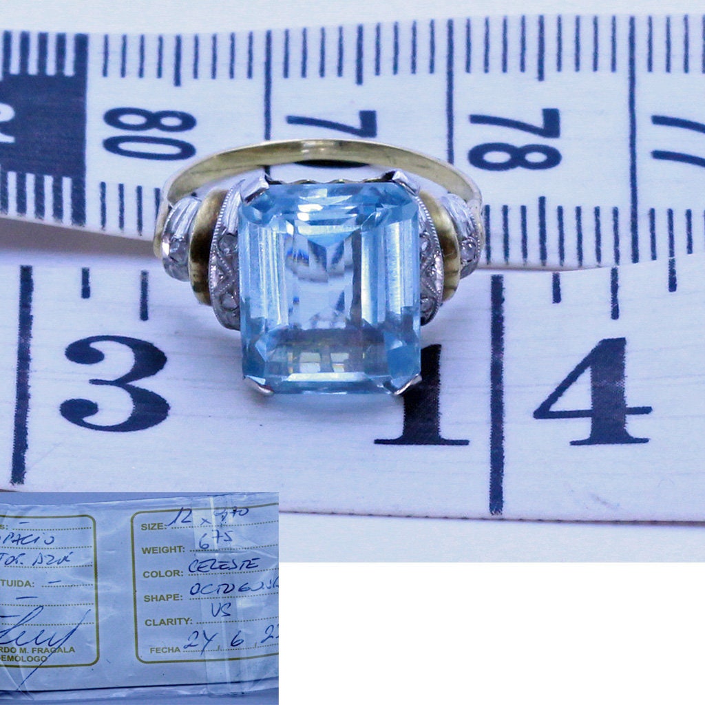 Antique Vintage Retro Ring Blue Topaz Diamonds 14k Gold Art Deco Design (7139)