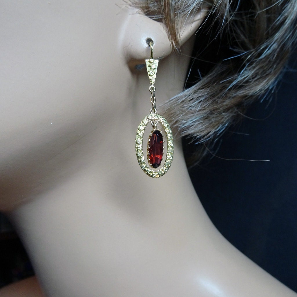 Antique French Victorian Earrings Dangles 18k Gold and Garnets Napoleon 3 (7186)