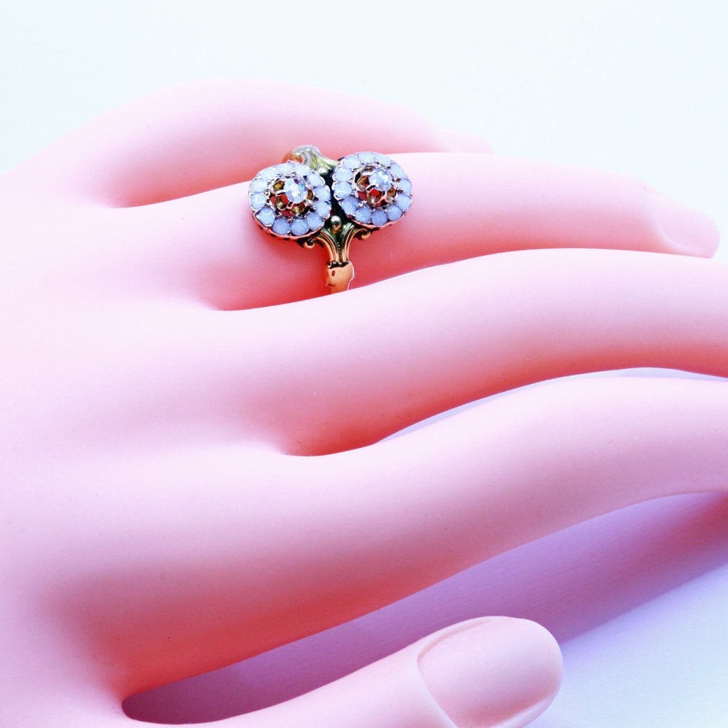Antique Art Nouveau Victorian Ring 18k Gold Diamonds Enamel French (7187)