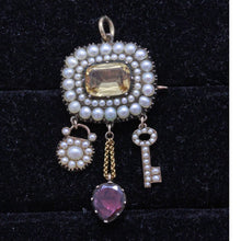 Antique Georgian Pendant Brooch Lock Key Heart Gold Topaz Pearls Garnet (7163)