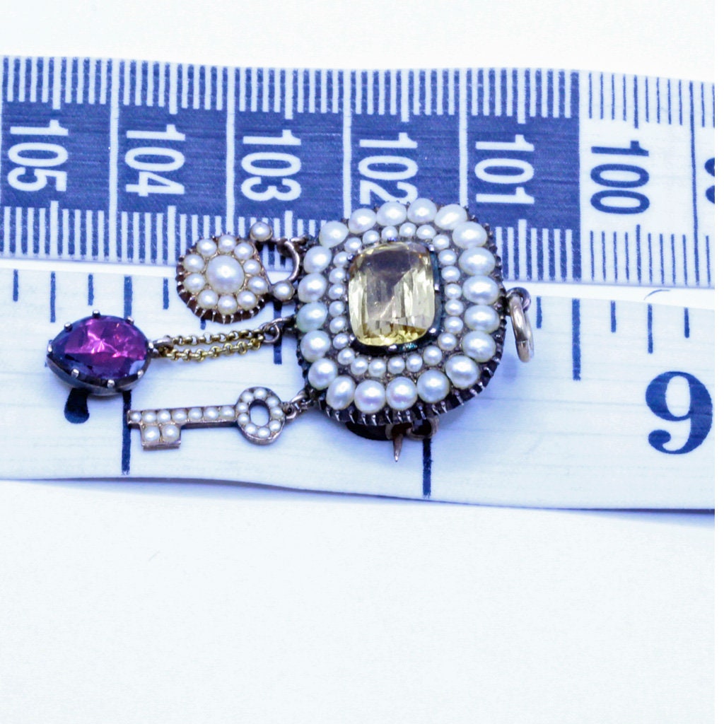 Antique Georgian Pendant Brooch Lock Key Heart Gold Topaz Pearls Garnet (7163)