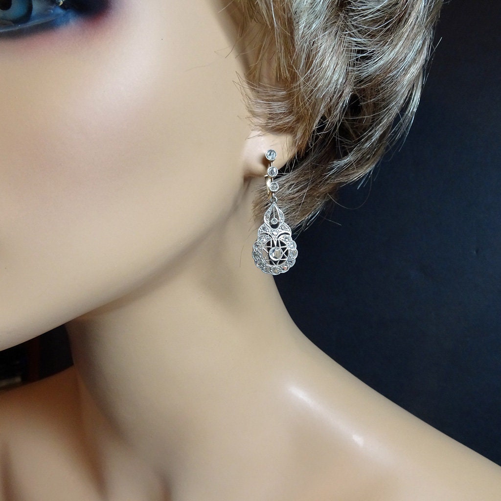 Antique Earrings Belle Epoque Diamonds Gold Platinum Dangle Ear Pendants (7164)