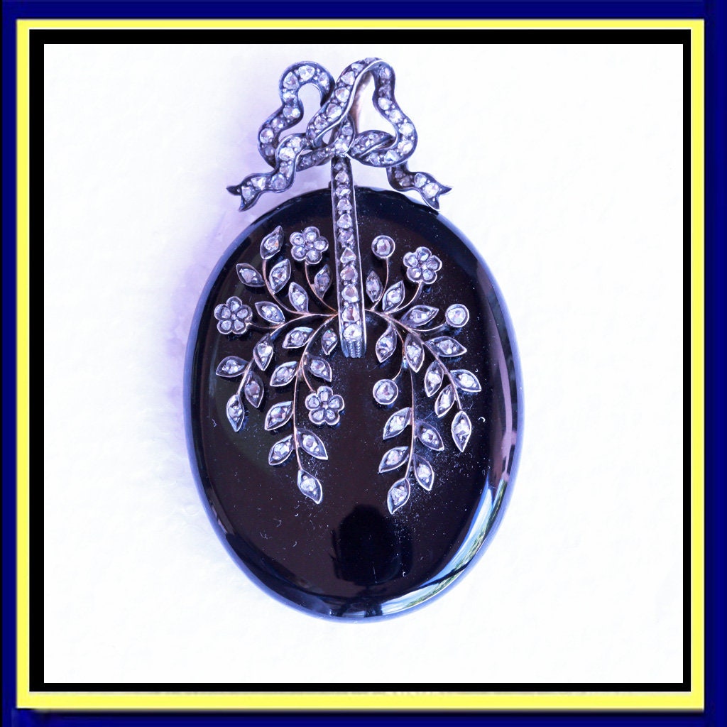 Antique Victorian Pendant Locket 18k Gold Diamonds Onyx Silver (7175)