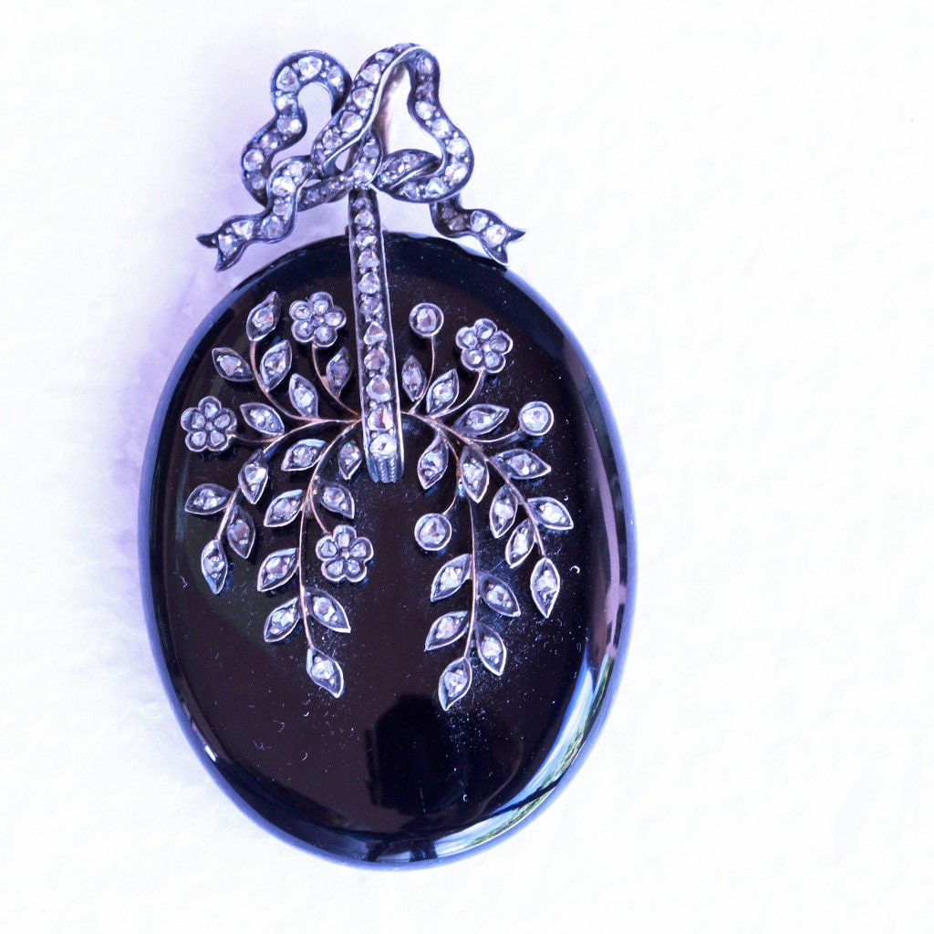 Antique Victorian Pendant Locket 18k Gold Diamonds Onyx Silver (7175)