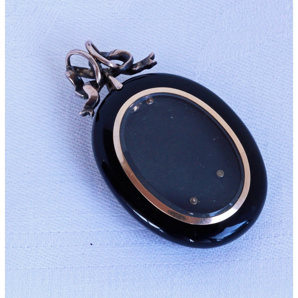 Antique Victorian Pendant Locket 18k Gold Diamonds Onyx Silver (7175)