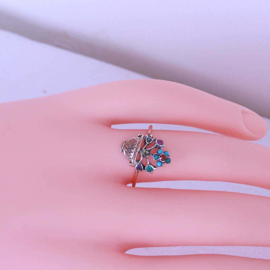 Antique French Georgian Ring Giardinetto 18k Gold Turquoise Diamonds Gems (7182)