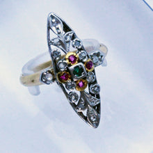 Antique Victorian Art Nouveau French Ring 18k Gold Rubies Emeralds Diamond (7188)