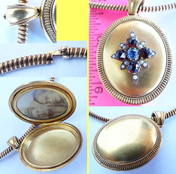 Antique Victorian Necklace Pendant Locket Gold Garnet Sapphire Pearl (5699)