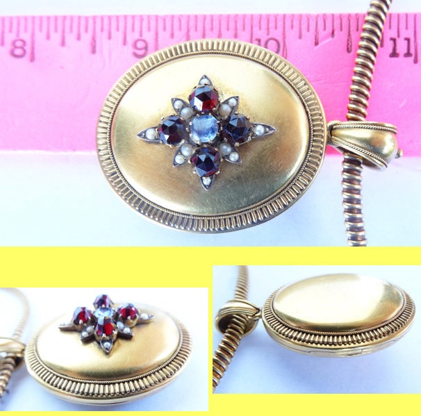 Antique Victorian Necklace Pendant Locket Gold Garnet Sapphire Pearl (5699)