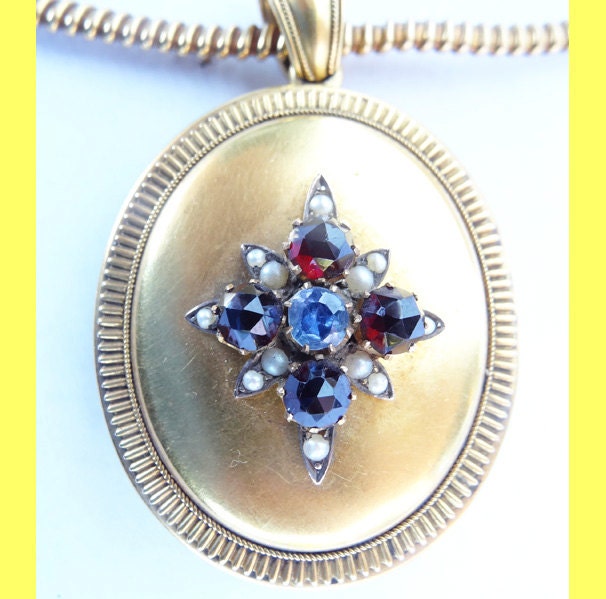 Antique Victorian Necklace Pendant Locket Gold Garnet Sapphire Pearl (5699)