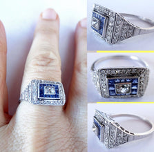 Antique Art Deco Ring Diamonds Sapphires Platinum Engagement w appraisal (5684)