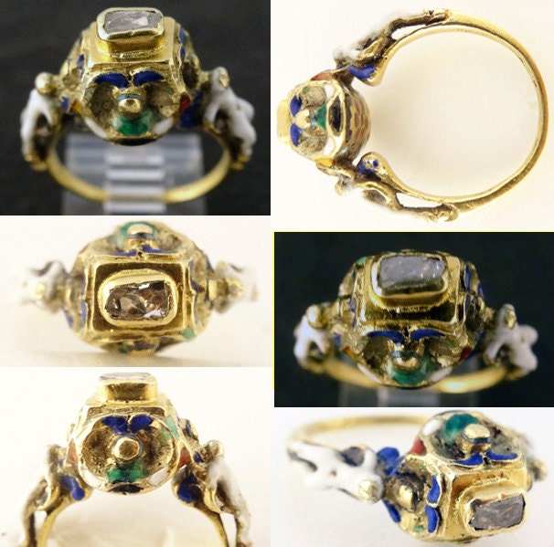Antique Ring Figural Renaissance Neo Renaissance Gold Diamond Enamel pre Georgian (5612)