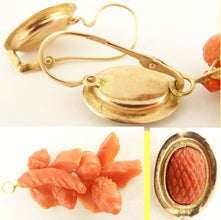 Antique Victorian Earrings Ear Pendants Carved Crl Gold Acorn Day Night (5600)