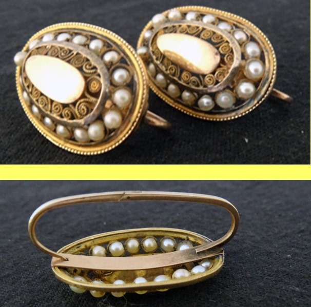Antique Georgian Napoleon I Imperial Earrings Gold Pearls Cannetille (5619)