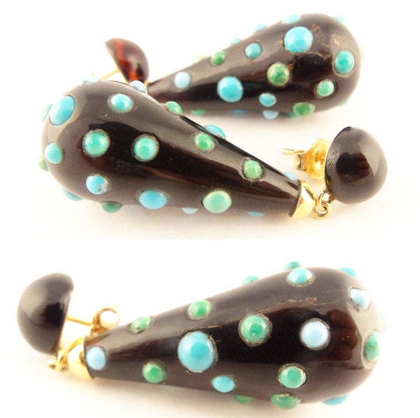 Antique Earrings Ear Pendants Gold w cabochon Turquoise Bubbles (5601)