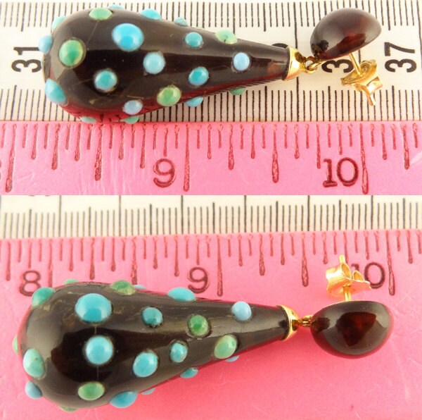 Antique Earrings Ear Pendants Gold w cabochon Turquoise Bubbles (5601)