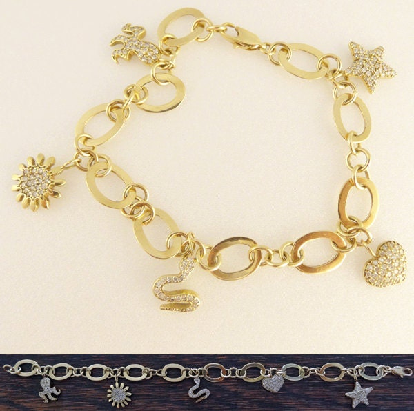 Vintage Charm Bracelet Gold Diamonds Retro Snake Octopus Heart w Appraisal(5584)