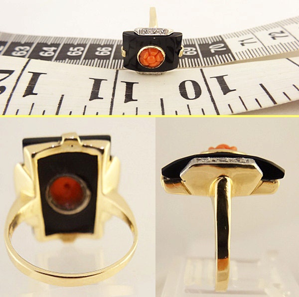 Antique Vintage Art Deco Ring Diamonds Onyx Crl 14k Gold C1925-1935 (5580)