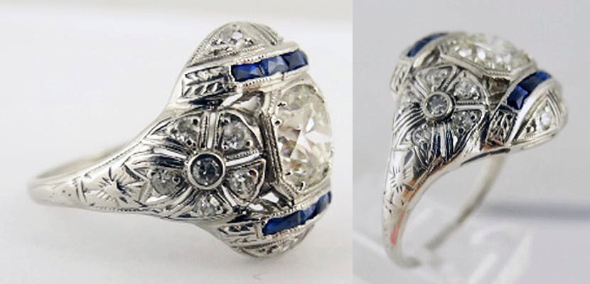 Art Deco Engagement Wedding Ring Diamond Platinum Sapphires w Appraisal (5499)
