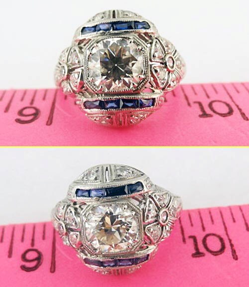 Art Deco Engagement Wedding Ring Diamond Platinum Sapphires w Appraisal (5499)