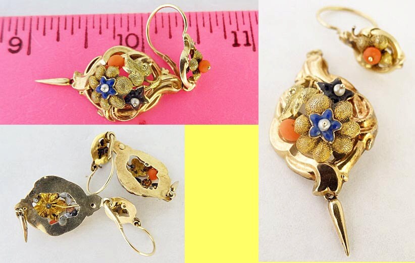 Antique Victorian Day Night Earrings 14k Gold Enamel Crl Pearls (5463)