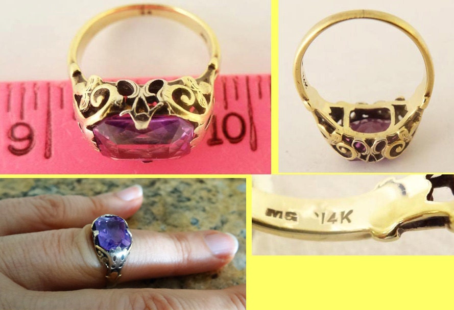 Antique Arts & Crafts Art Nouveau Ring 14k gold openwork Amethyst (5416)