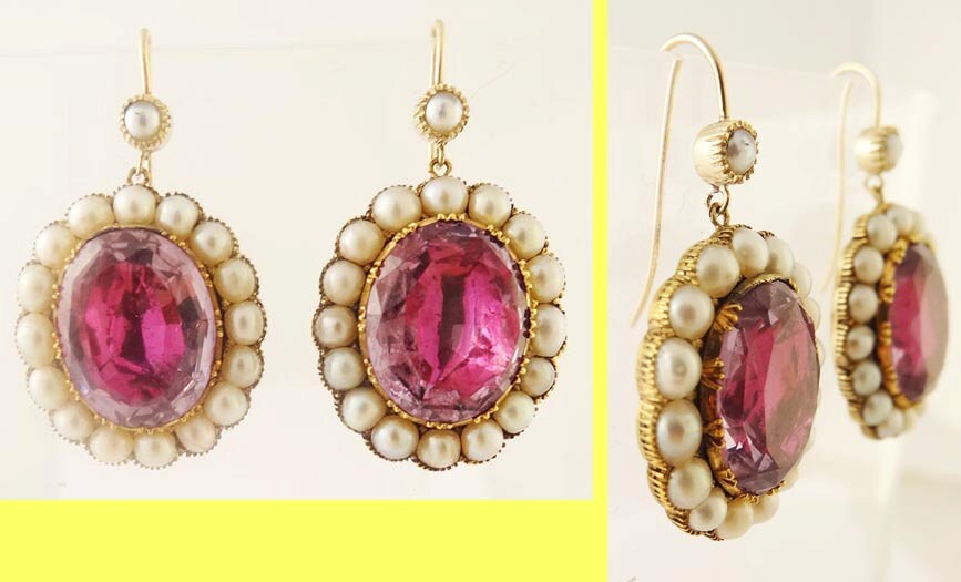 Antique Georgian Earrings Amethyst Pearls 15ct Gold Drop Earrings (5381)