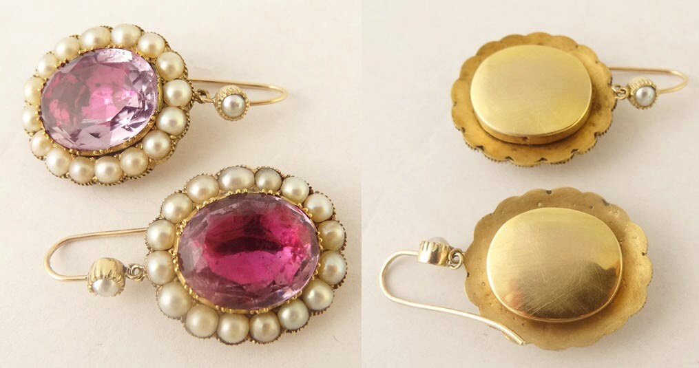 Antique Georgian Earrings Amethyst Pearls 15ct Gold Drop Earrings (5381)