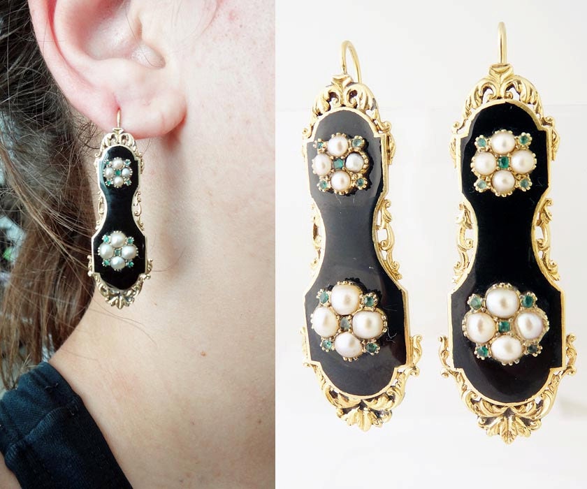 Antique French Earrings Charles X Victorian Gold Pearls Emeralds (5336)