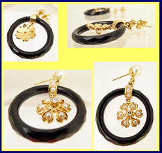 Antique Art Deco Earrings Gold Diamond Pearl Dangling Flowers Onyx Hoops (5191)