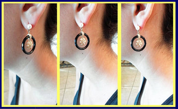 Antique Art Deco Earrings Gold Diamond Pearl Dangling Flowers Onyx Hoops (5191)