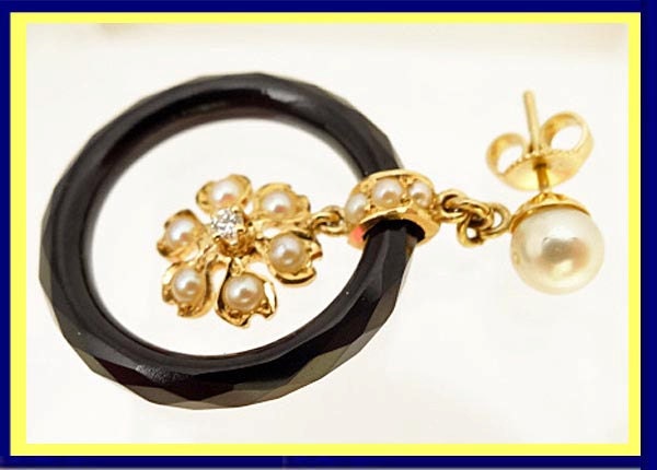 Antique Art Deco Earrings Gold Diamond Pearl Dangling Flowers Onyx Hoops (5191)