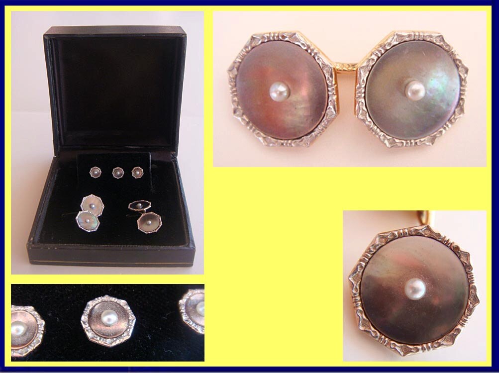 Antique Victorian Gents Dress Set Cufflinks Button Larter Gold MOP Pearl (4984)