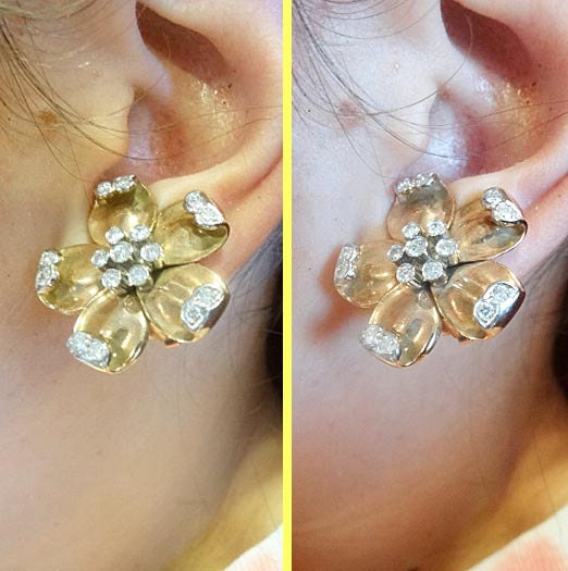 Vintage Earrings Ear Clips Retro18k Gold Diamonds Flowers w Appraisal (5494)
