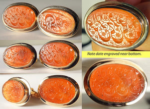 Antique Islamist Cufflinks carved carnelian c1800 in Retro 14k Gold Mounts(5294)