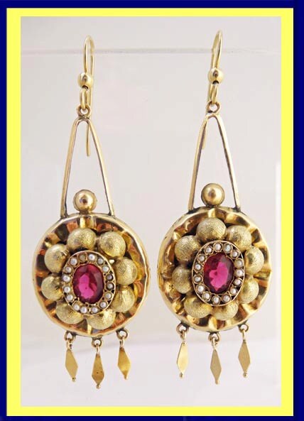 Antique Victorian Earrings 14k Gold Seed Pearls Paste (5138)