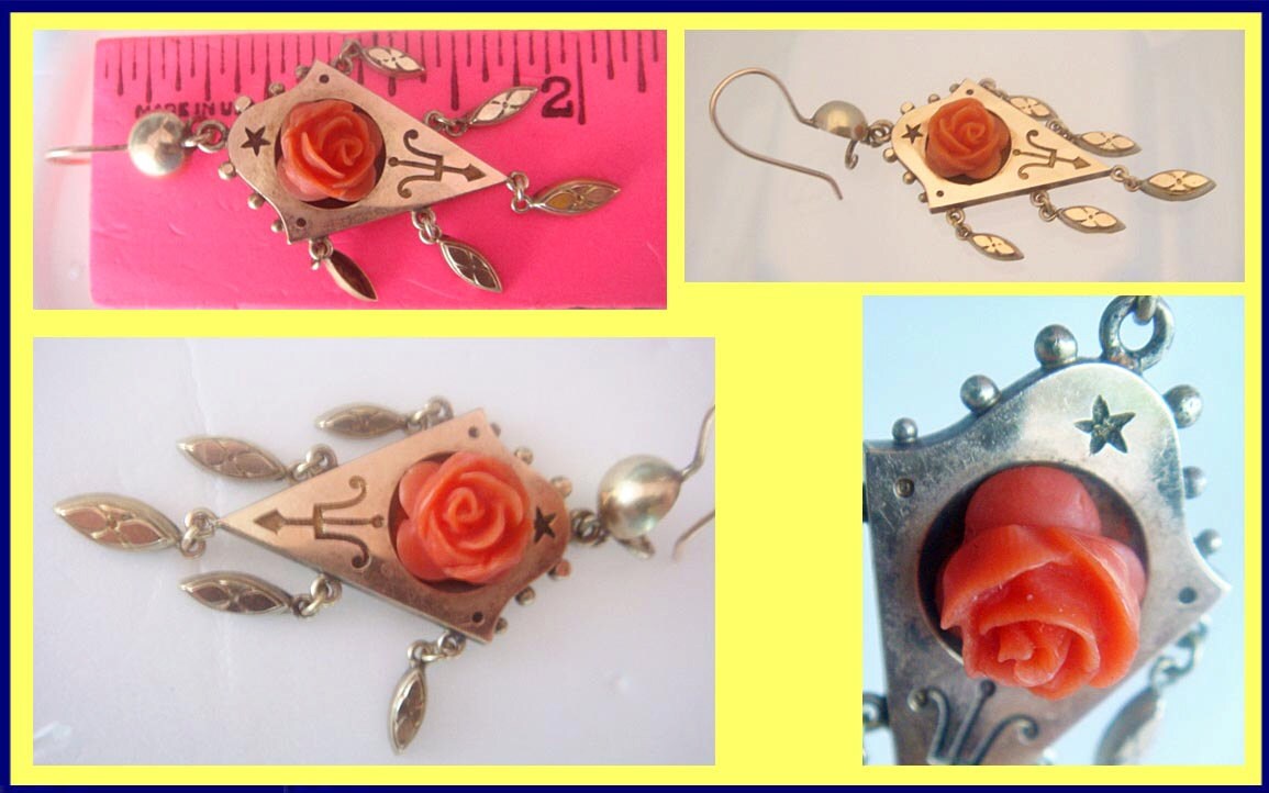 Antique Victorian Earrings Gold Drops w Dangles & Carved Crl Roses (5025)