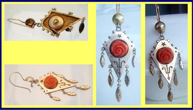 Antique Victorian Earrings Gold Drops w Dangles & Carved Crl Roses (5025)