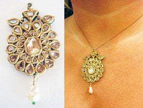 Antique Pendant 22k Gold Diamonds Pearl  Enamel Mughal Indian w Appraisal (4923)