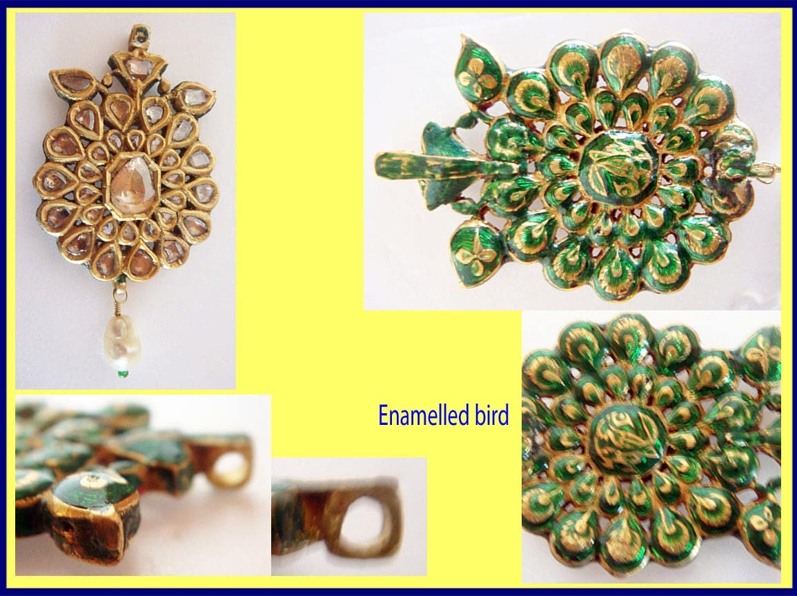 Antique Pendant 22k Gold Diamonds Pearl  Enamel Mughal Indian w Appraisal (4923)